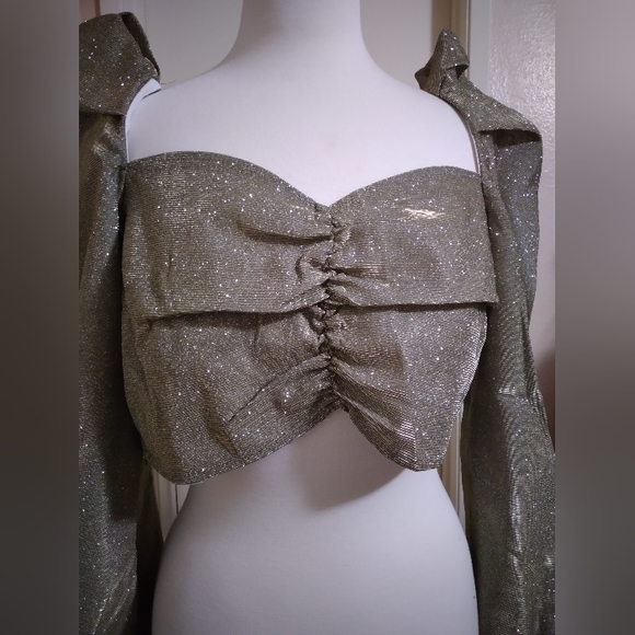 SALE$ NWT Missguided Gold Glitter Puff Sleeve Ruched Front Crop Top- US 12 - Picture 6 of 7